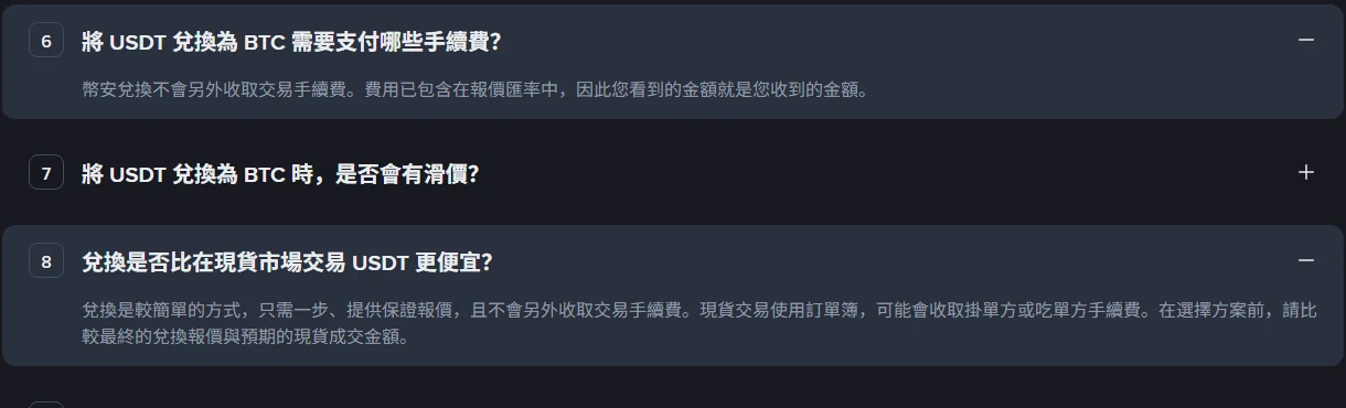 幣安兌換頁面的常見問題,第 6 題答覆「幣安兌換不會另外收取交易手續費。費用已包含在報價匯率中」,第 8 題答覆比較兌換與現貨交易