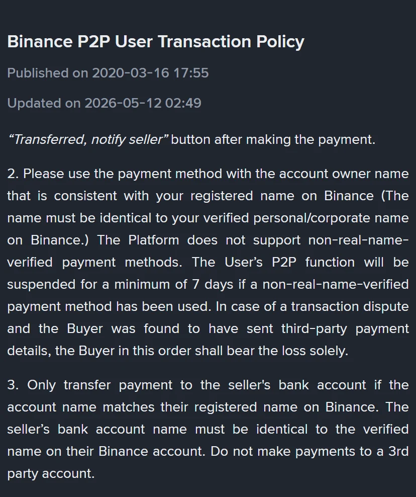 Sehemu ya maagizo kwa mnunuzi kwenye ukurasa rasmi wa Binance P2P User Transaction Policy, ikionyesha tarehe ya kusasishwa 2026-05-12 pamoja na vifungu 2 na 3 kuhusu jina la mwenye akaunti na adhabu ya siku 7