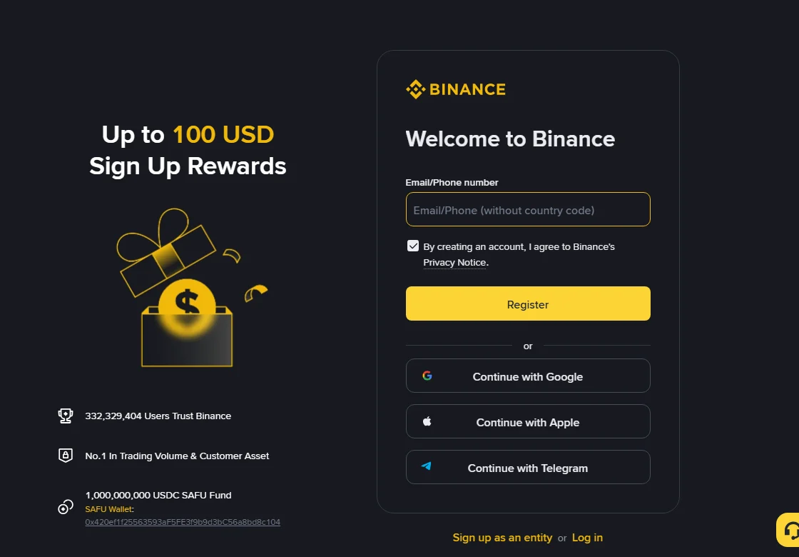 Ukurasa rasmi wa usajili wa Binance tarehe 2 Oktoba 2026 ukionyesha sehemu moja ya barua pepe au namba ya simu bila msimbo wa nchi, kitufe cha Register, na chaguo za Google, Apple na Telegram