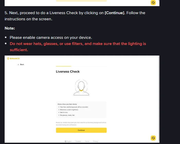 Sehemu ya ukurasa rasmi wa Binance kuhusu Liveness Check, ikiwa na onyo jekundu la kutovaa kofia, miwani wala kutumia filters, na maagizo ya skrini yanayotaka uso uonekane wazi na mwanga wa kutosha
