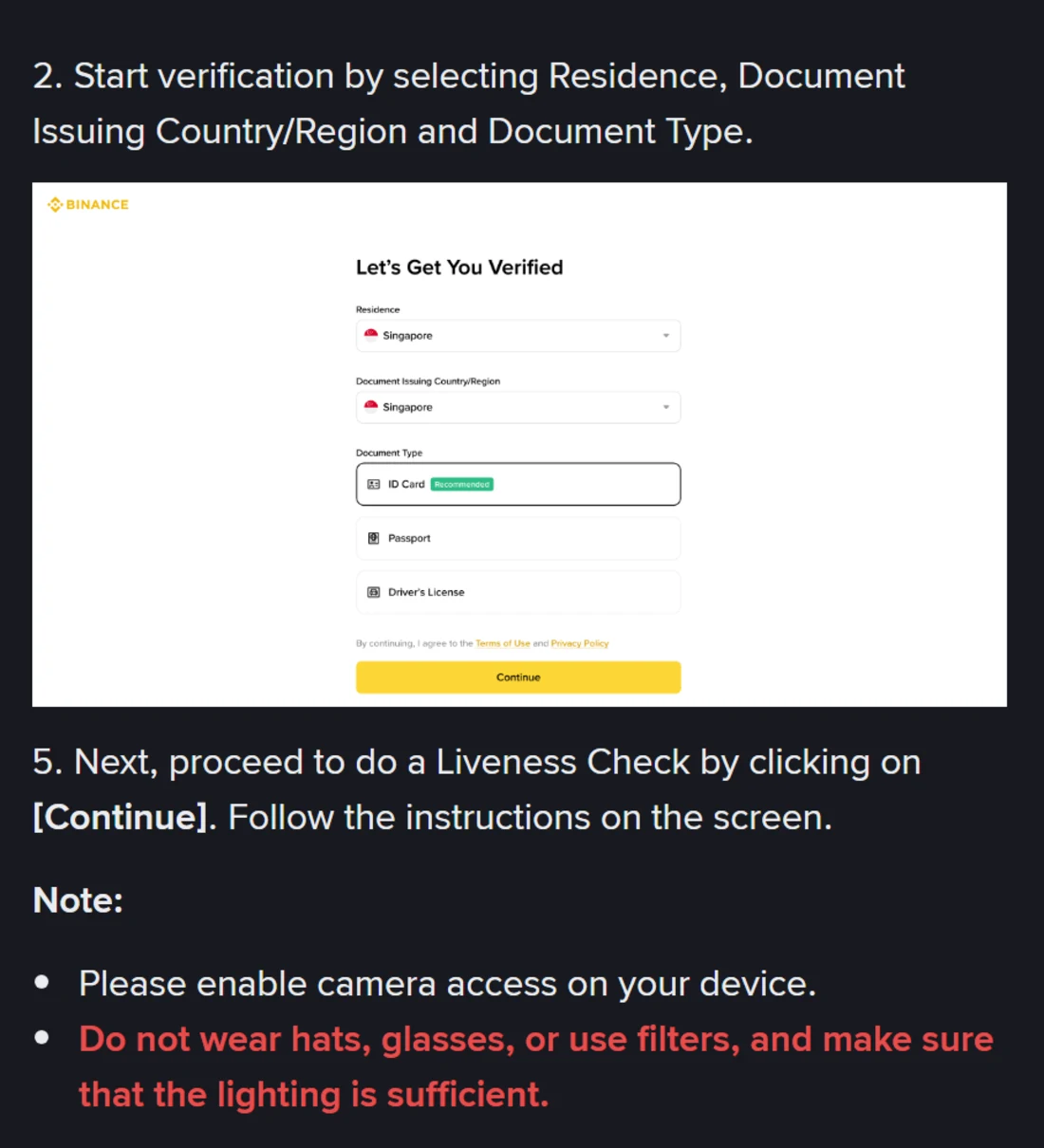 Binance کے سرکاری مدد صفحے کا اسکرین شاٹ: اوپر مرحلہ 2 میں Residence، Document Issuing Country/Region اور Document Type کا انتخاب اور ID Card، Passport، Driver's License کے بٹن؛ نیچے Liveness Check کا مرحلہ اور سرخ رنگ میں ٹوپی، عینک اور فلٹر نہ استعمال کرنے کی ہدایت