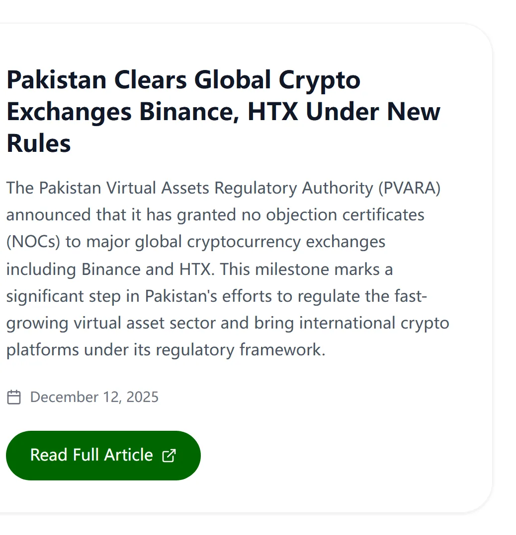 PVARA کی ویب سائٹ کے News صفحے پر موجود خبر: اتھارٹی نے Binance اور HTX سمیت بڑے عالمی کرپٹو ایکسچینجز کو no objection certificates جاری کیے، تاریخ 12 دسمبر 2025