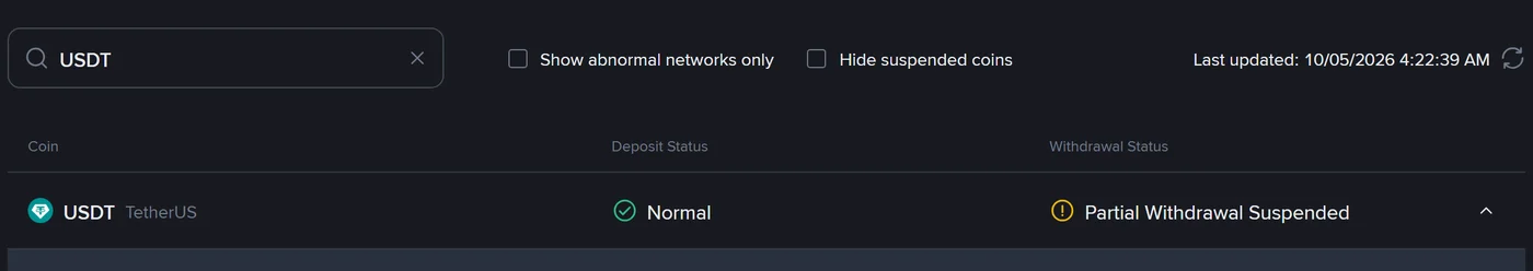 Ukurasa rasmi wa hali ya mitandao ya Binance tarehe 5 Oktoba 2026, ukionyesha USDT (TetherUS) ikiwa na Deposit Status ya Normal na Withdrawal Status ya Partial Withdrawal Suspended