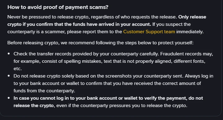 Binance کے سرکاری مدد صفحے کا اسکرین شاٹ: proof of payment scams سے بچنے کے تین انگریزی نکات، جن میں اسکرین شاٹ پر بھروسہ نہ کرنے اور اپنے بینک اکاؤنٹ میں تصدیق کرنے کی ہدایت ہے
