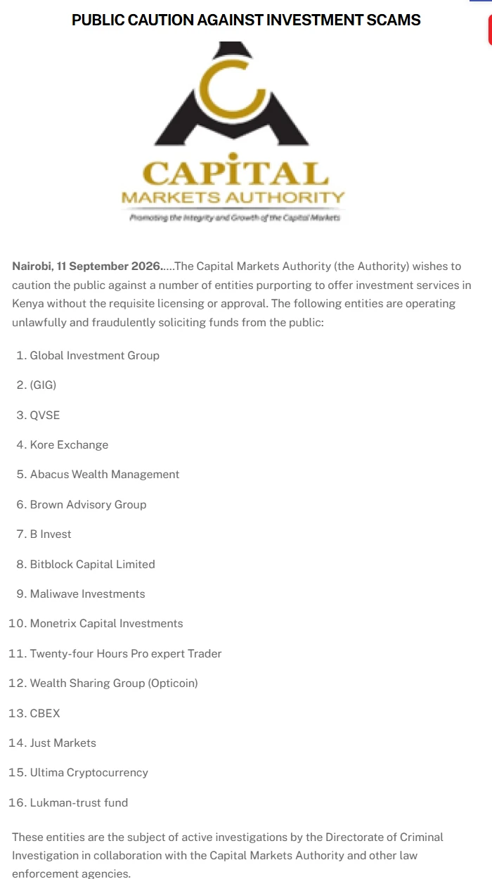 Tangazo la umma la CMA la 11 Septemba 2026 likiorodhesha taasisi zinazofanya kazi bila leseni, zikiwemo Kore Exchange, Bitblock Capital Limited na Ultima Cryptocurrency, na kueleza kuwa ziko chini ya uchunguzi wa DCI