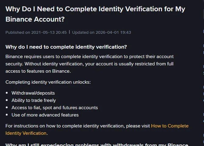 Ukurasa rasmi wa msaada wa Binance ukionyesha orodha ya vitu vinavyofunguliwa na uthibitisho wa utambulisho: kutoa na kuingiza fedha, kufanya biashara bila vikwazo, kufikia akaunti za fiat, spot na futures