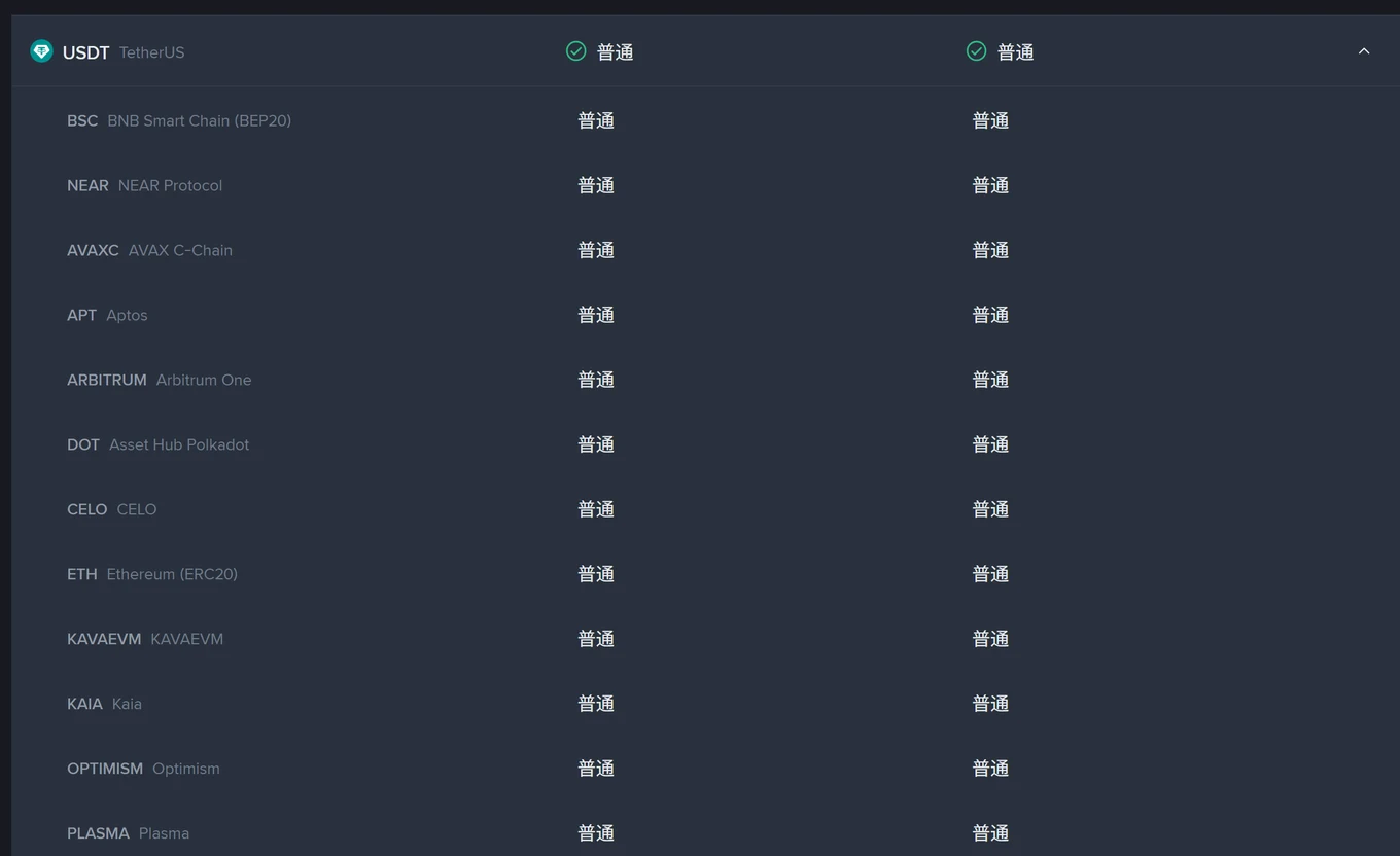 幣安充值和提領狀態頁展開 USDT 後的網路清單，BSC、NEAR、AVAX C-Chain、Aptos、Arbitrum One、Asset Hub Polkadot、CELO、Ethereum（ERC20）、KAVAEVM、Kaia、Optimism、Plasma 每一條的充值狀態與提領狀態都標示普通
