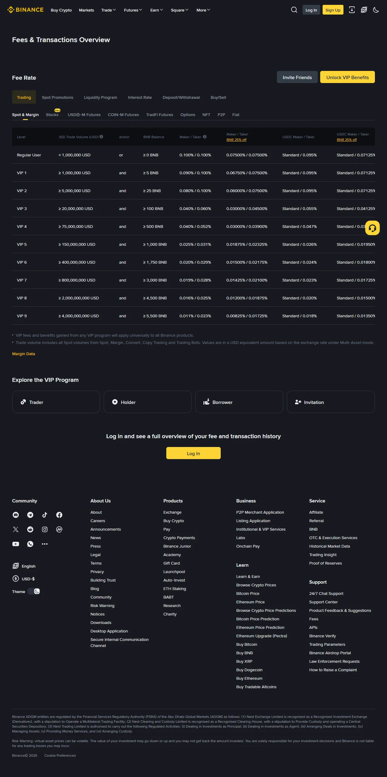 Binance 官方現貨費率頁,畫面顯示一般使用者 Maker 與 Taker 為 0.100%