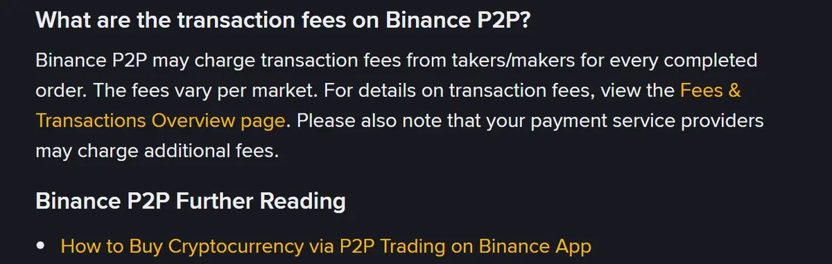 Binance مدد مرکز کے صفحے "Introduction to Binance P2P Trading" کا وہ حصہ جس میں سوال "What are the transaction fees on Binance P2P?" اور جواب درج ہے کہ فیس takers/makers سے لی جا سکتی ہے اور ہر مارکیٹ میں مختلف ہے