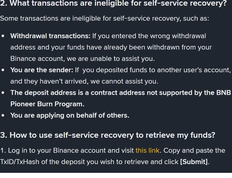 Binance کے سرکاری مدد صفحے کا وہ حصہ جس میں خود کار ریکوری کے لیے ناقابلِ قبول چار قسم کی لین دین گنوائی گئی ہیں، سب سے پہلی Withdrawal transactions