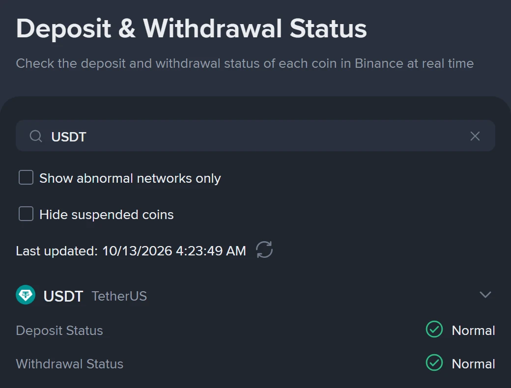 Binance کے عوامی Deposit and Withdrawal Status صفحے پر USDT کی تلاش: ڈپازٹ اور نکاسی دونوں کی حالت Normal، اور صفحے پر 13 اکتوبر 2026 کی اپ ڈیٹ کی مہر