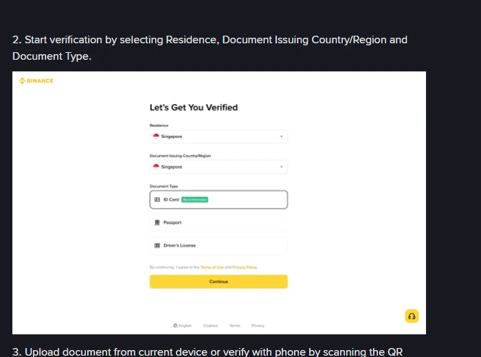 Picha kutoka ukurasa rasmi wa Binance ikionyesha fomu ya kuanza uthibitisho yenye sehemu za Residence, Document Issuing Country/Region na Document Type, ambapo ID Card imewekewa alama ya Recommended, ikifuatwa na Passport na Driver's License