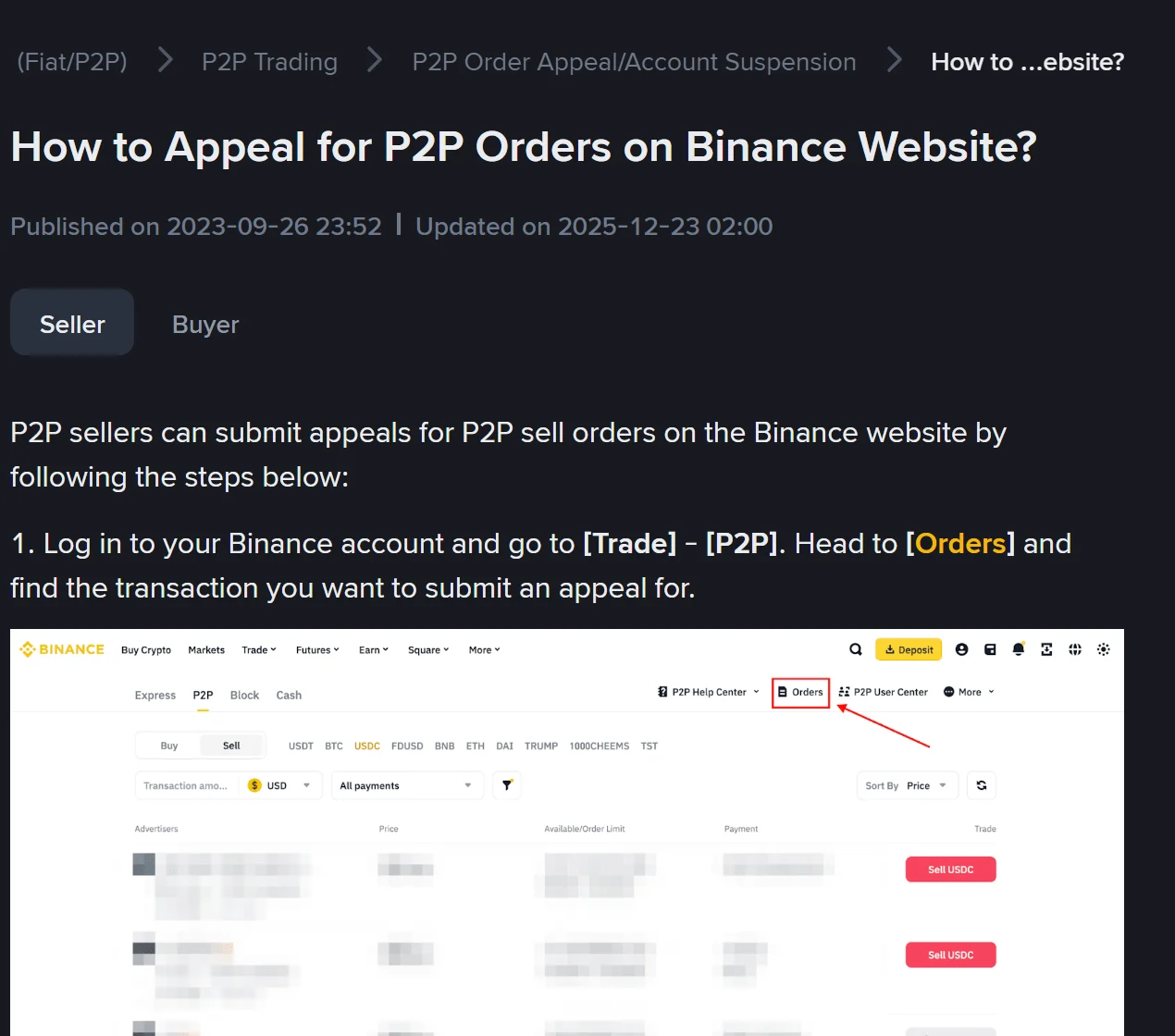 Ukurasa rasmi wa Binance wenye kichwa How to Appeal for P2P Orders on Binance Website, ukionyesha kichupo cha Seller na hatua ya kwanza ya kwenda Trade kisha P2P na kufungua Orders
