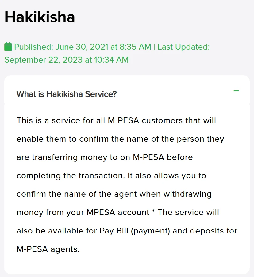 Ukurasa rasmi wa Safaricom wa maswali kuhusu Hakikisha, ukionyesha tarehe ya kusasishwa mwisho 22 Septemba 2023 na maelezo ya huduma ya kuthibitisha jina kabla ya kukamilisha muamala